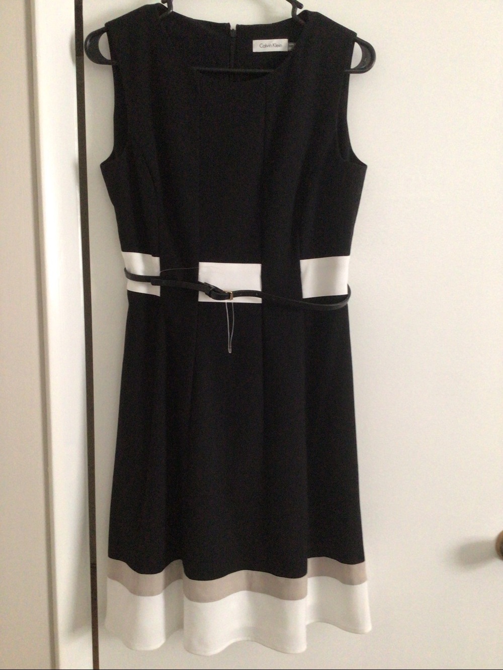 Calvin Klein Black Dress with White Waist Accent and Slim Black Belt